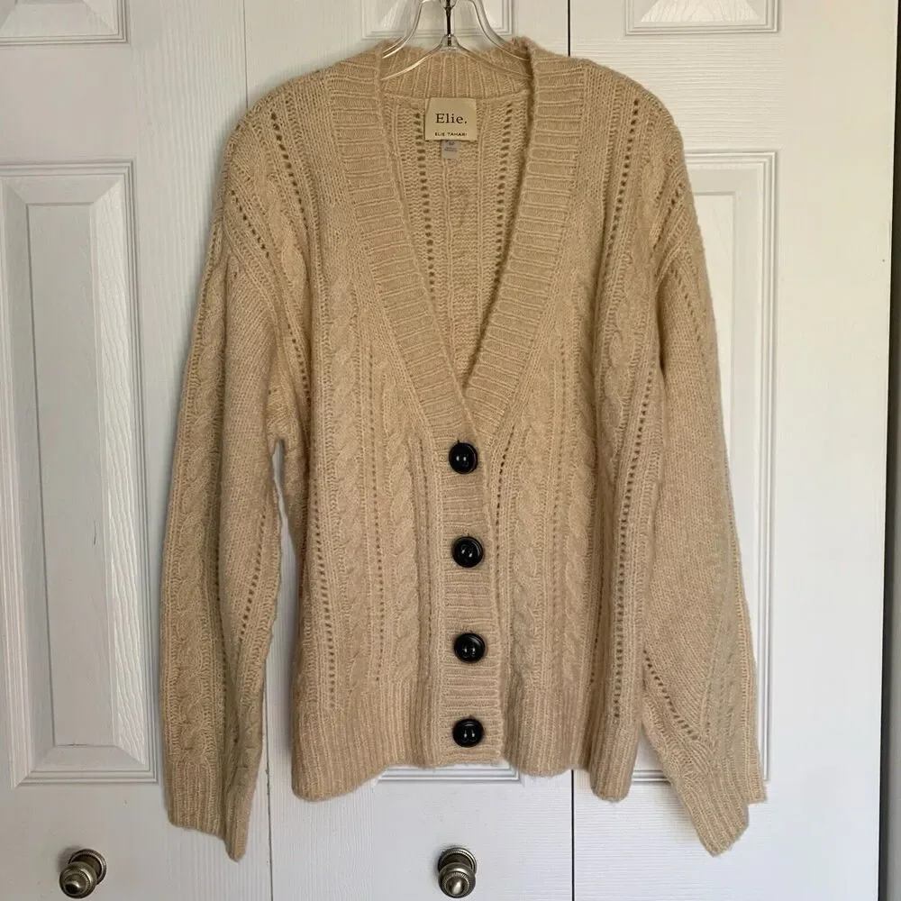 ELIE ELIE TAHARI Women Cable Knit Cardigan S/P Beige